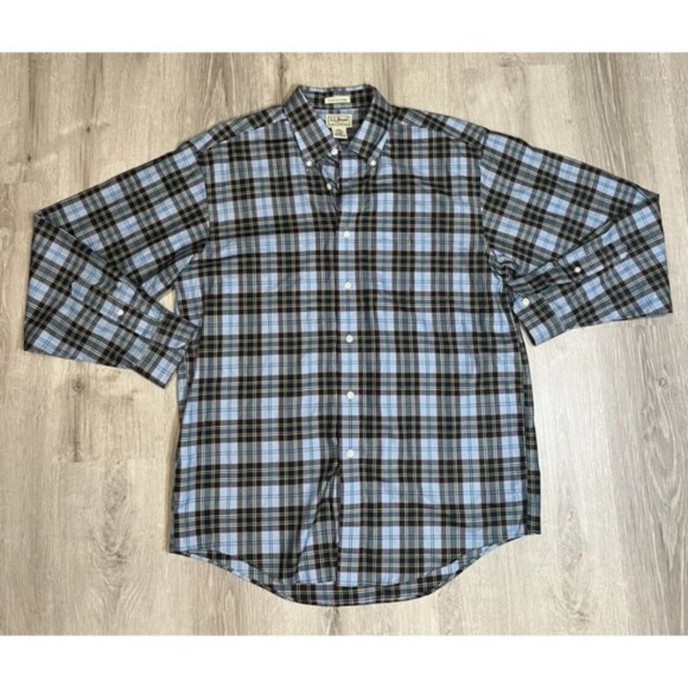 LL Bean Button‎ Up Shirt Mens M Regular US Air Force Tartan Plaid Blue